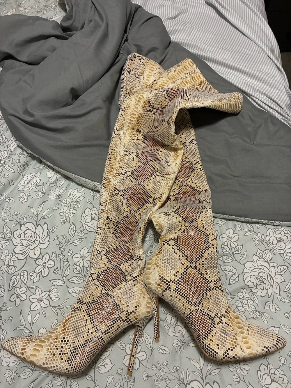 Fashion Nova Beige & Tan Snake-Print Thigh-High Boots